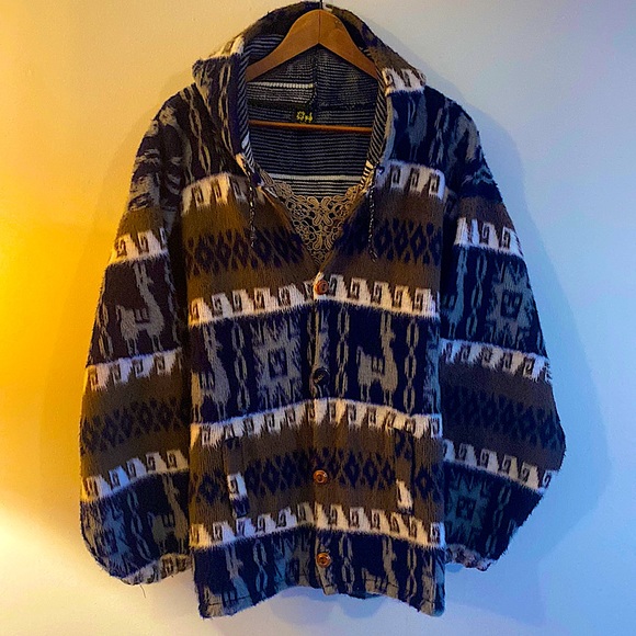 Vintage Sweaters - Vintage Alpaca Wool Oversized Hooded Jacket Made in Ecuador